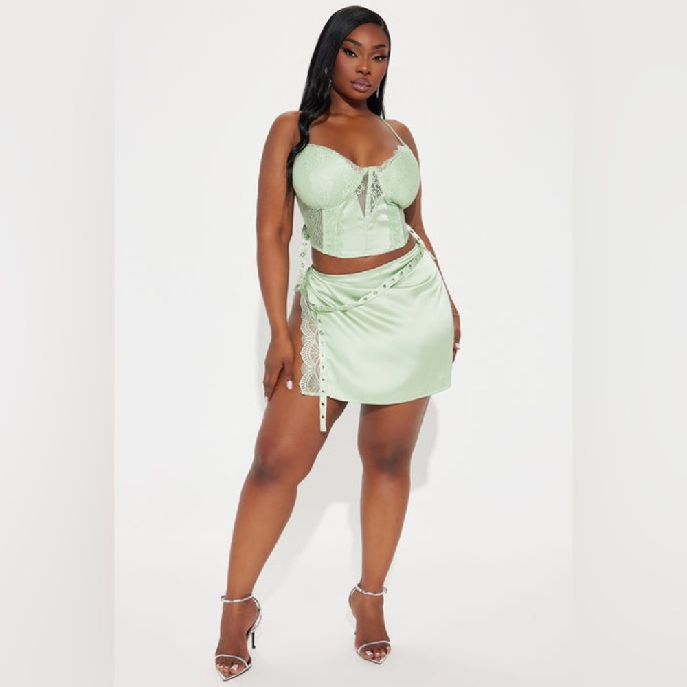 Still Pretty Satin Corset and Skirt Set - Sage